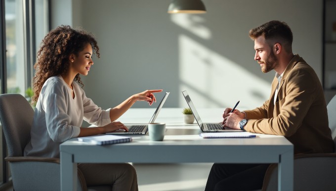 A professional setting with two individuals collaborating on a website template design, focused on their computer screens.