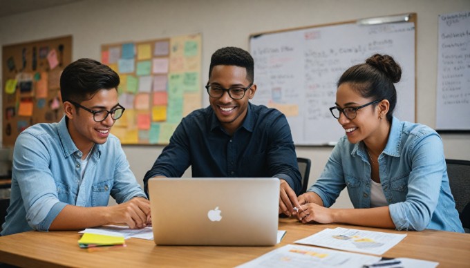 A group of diverse individuals collaborating on a digital project related to WordPress widgets, surrounded by laptops and digital devices.