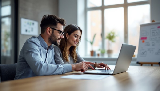 A professional setting showcasing two people engaged in a collaborative discussion around a laptop, emphasizing user experience design.