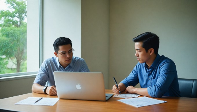 Two colleagues discussing migration strategies with a laptop and notes on a conference table.