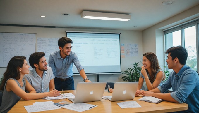 A group of diverse professionals collaborating on a WordPress project in a bright meeting room.