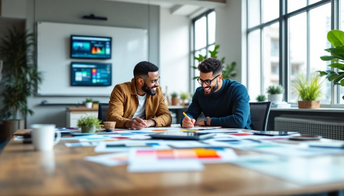 A collaborative team discussing color contrast design strategies in a bright workspace.