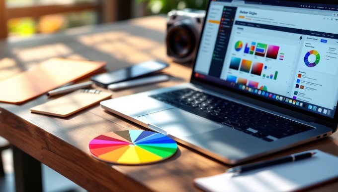 A close-up view of a color wheel and design tools used in website design, placed on a wooden desk with a laptop.