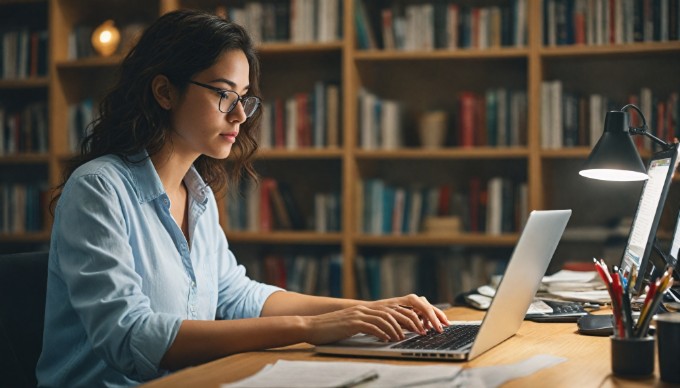 A person configuring WordPress multisite settings on a computer, with a notebook and coffee cup nearby.