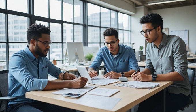 A diverse group of developers collaborating on a cross-platform mobile app project in a modern office setting.