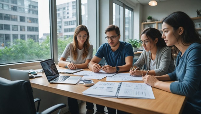 A professional setting with a diverse team discussing a custom WordPress theme design around a modern office table, with laptops and design sketches visible.