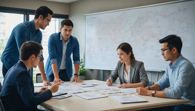 A team collaborating on a customer journey map in a modern office setting.