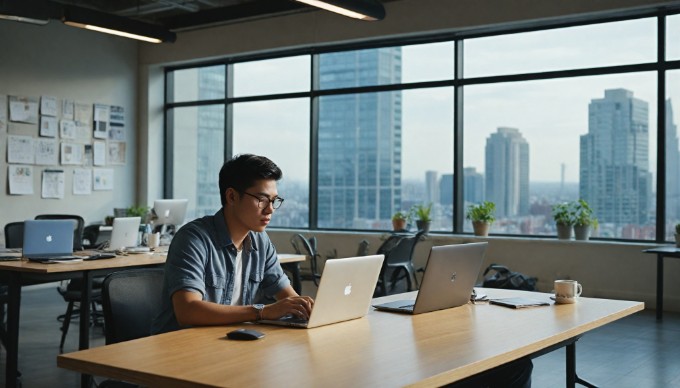 A person customizing a Magento e-commerce website on a laptop in a modern office environment.