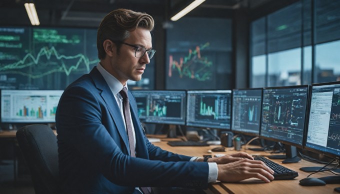 A business professional analyzing data on a computer screen, highlighting the importance of choosing the right web host for online stores.