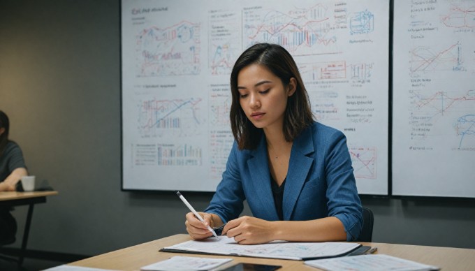 A data analyst reviewing charts on a tablet in a collaborative workspace.