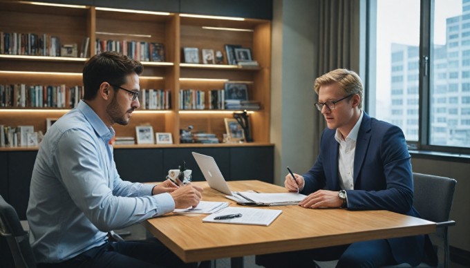 A professional setting with two colleagues discussing a data dictionary over a laptop.