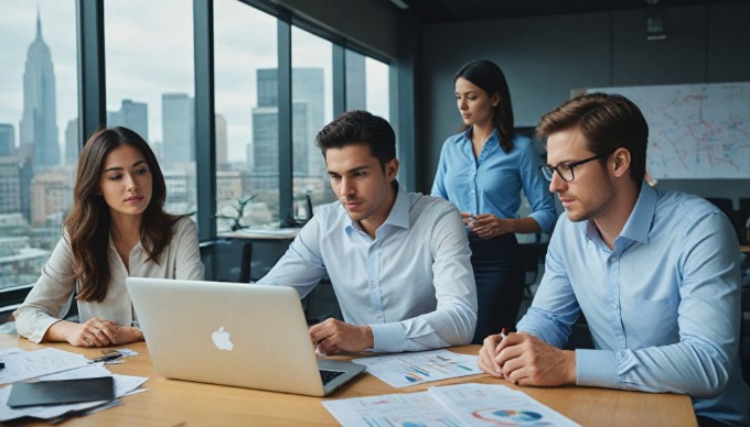 A professional team collaborating on data modeling at a modern office desk.