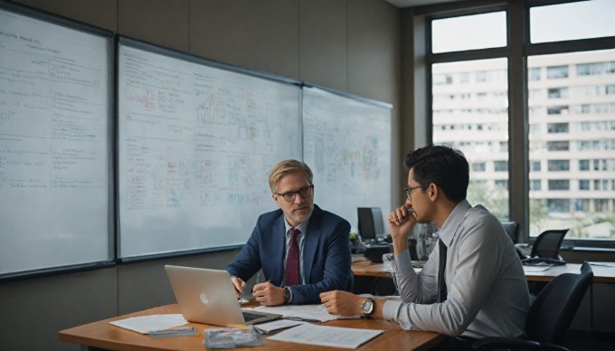 A professional setting with a team collaborating over database documentation on a laptop.