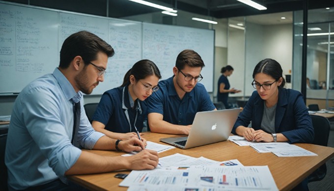 A professional team collaborating over a database migration project in a modern office setting.