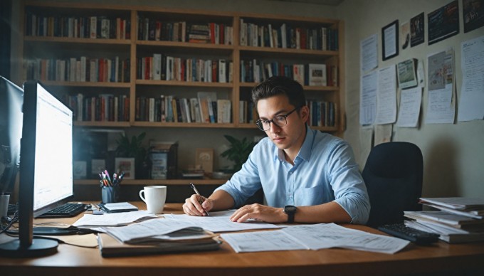 A person reviewing a data model on a computer in a well-organized office.