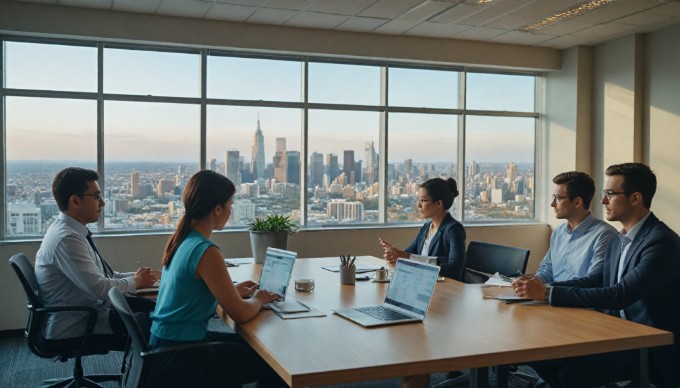 A team conducting a database optimization meeting in a bright conference room.