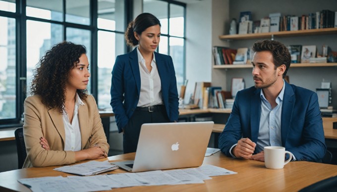 A professional setting showing two colleagues discussing database partitioning strategies over a laptop.