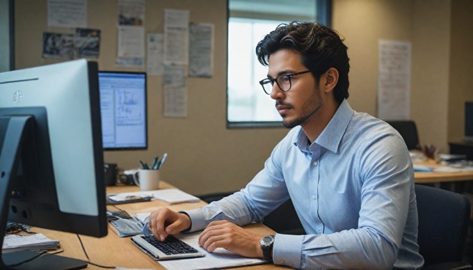 An office environment with a person analyzing database performance metrics on a computer screen.