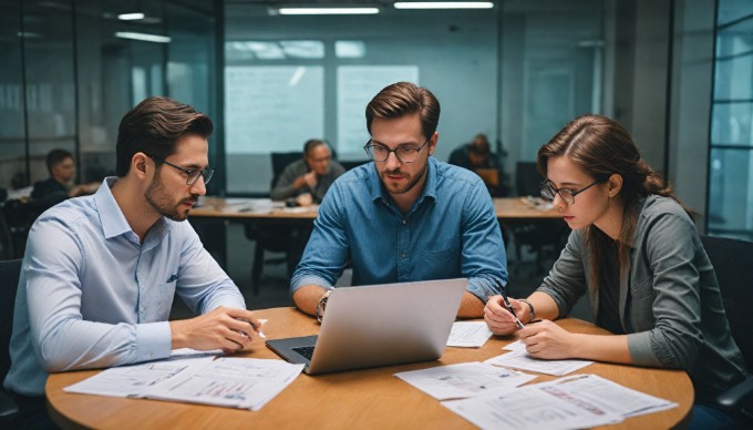 A professional setting with a diverse team discussing database security strategies around a conference table.