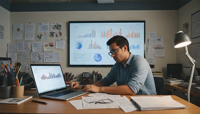 A professional individual sitting at a modern desk, working on a laptop with a focused expression, surrounded by charts and graphs related to eCommerce performance.