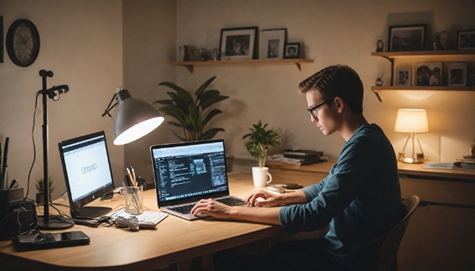 A person sitting at a modern desk using a laptop, with the Umbraco logo displayed on the screen, in a bright and inviting workspace.