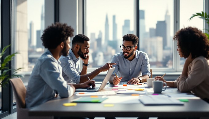 A design team conducting a review meeting in a modern office setting.