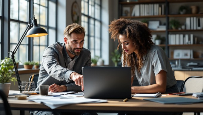 A team of diverse professionals collaborating on a design review at a modern office desk, engaged in discussion with a laptop and notepad in front of them.