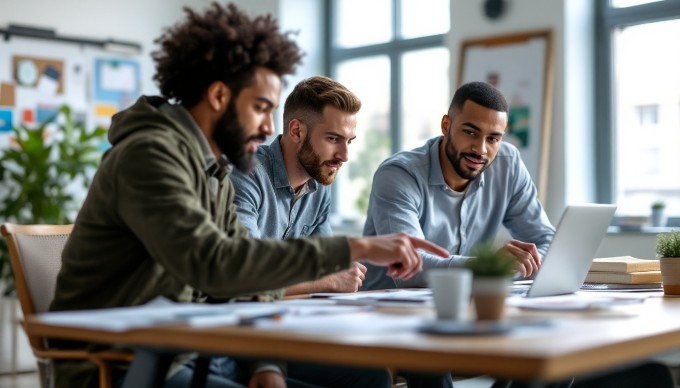 A team of diverse designers collaborating at a modern office workspace, discussing design consistency with laptops and design boards around them.