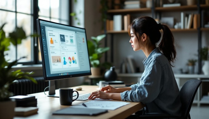 A designer working on a computer with accessibility tools visible on the screen.