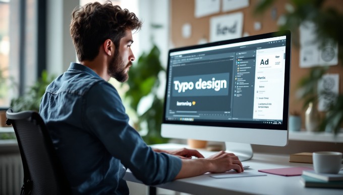 A designer adjusting kerning on a computer screen in a modern office setting.