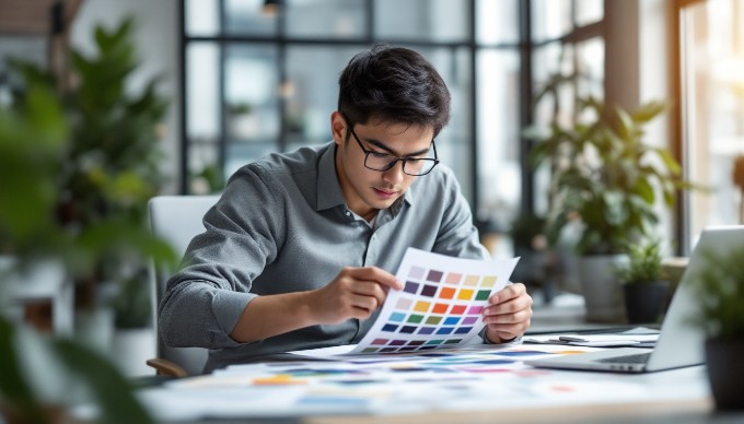 A designer analyzing color palettes in a bright office setting.