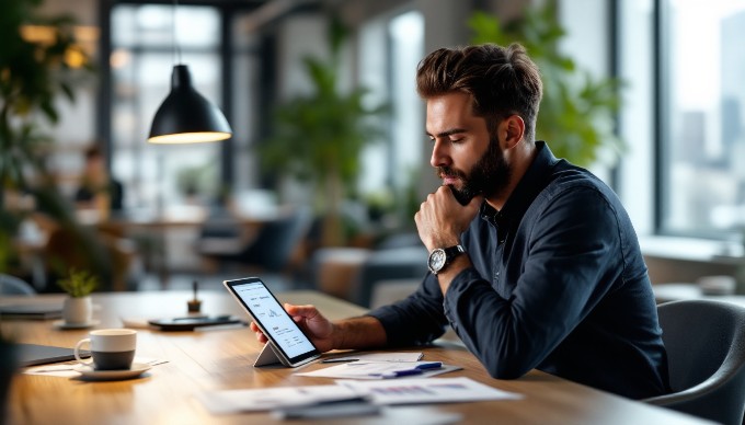 A designer analyzing user feedback on a digital device in a collaborative workspace.