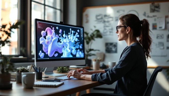 A designer analyzing generative design models on a computer in a modern office setting.