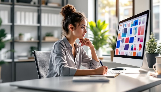 A designer analyzing visual hierarchy on a computer screen in a modern office setting.