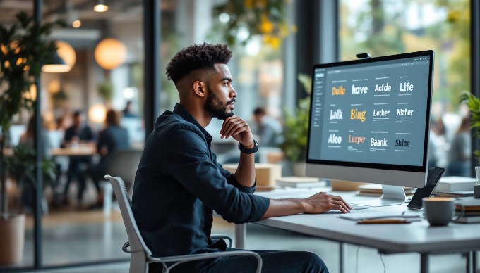 A designer selecting typefaces on a computer in a modern office environment.