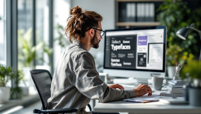 A designer selecting typefaces on a computer in a modern office space.