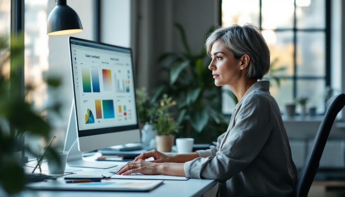 A designer analyzing color contrast on a computer screen in a modern office setting.