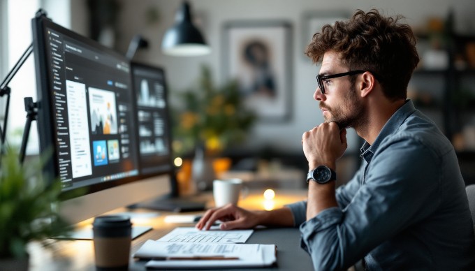 A designer evaluating user experience on a digital interface during a design audit.