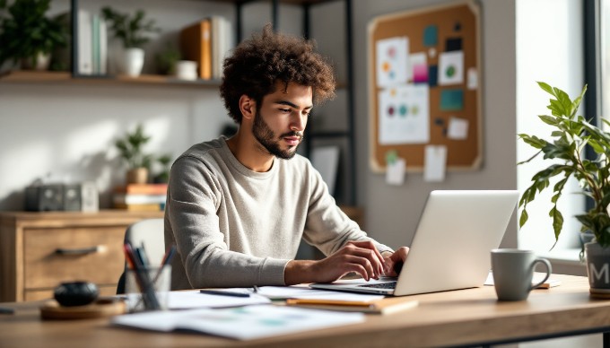 A designer reviewing digital designs on a laptop in a stylish home office, with design elements visibly organized on the desk.