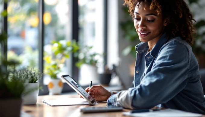 A designer reviewing a digital interface on a tablet in a bright workspace.