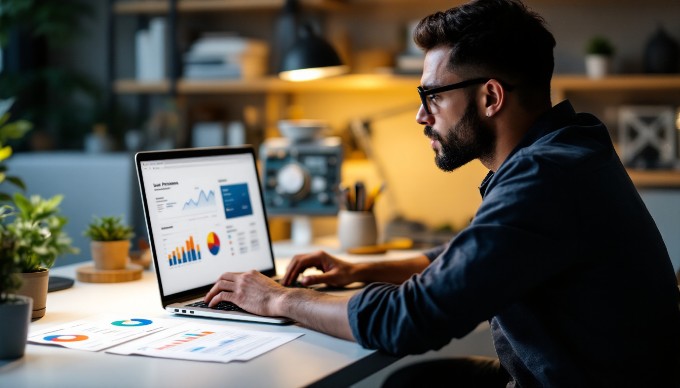 A designer reviewing user personas and analytics data on a computer in a professional workspace.