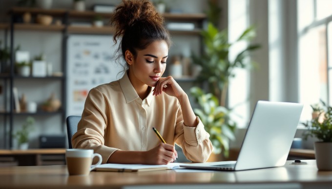 A designer reviewing user experience concepts on a laptop in a modern office setting.