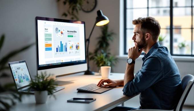 A designer reviewing an accessible website layout on a computer screen in a professional workspace.