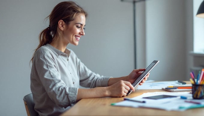 A designer testing a clickable prototype on a tablet in a bright workspace.