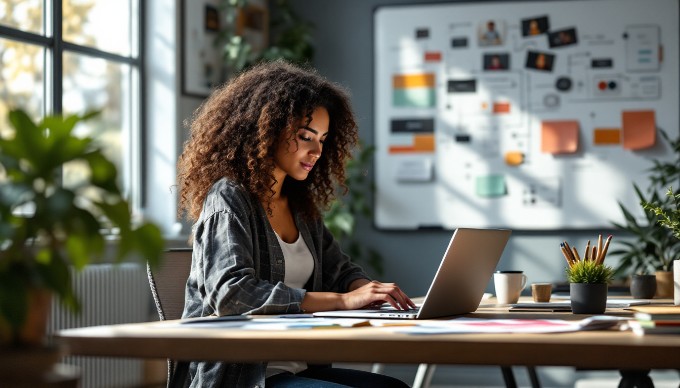 A designer analyzing user-centered design concepts in a modern office setting.