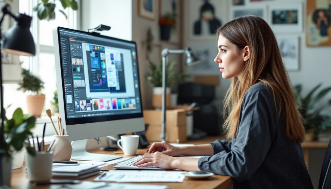 A designer working on a computer with design software, surrounded by sketches and tools, in a bright office space.