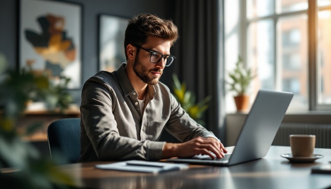 A designer working on a website mockup using a laptop in a modern office space.