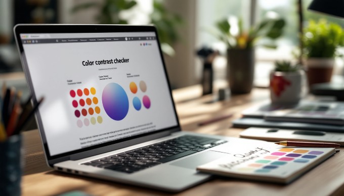 A close-up of a designer's workspace highlighting color contrast tools for web design testing.