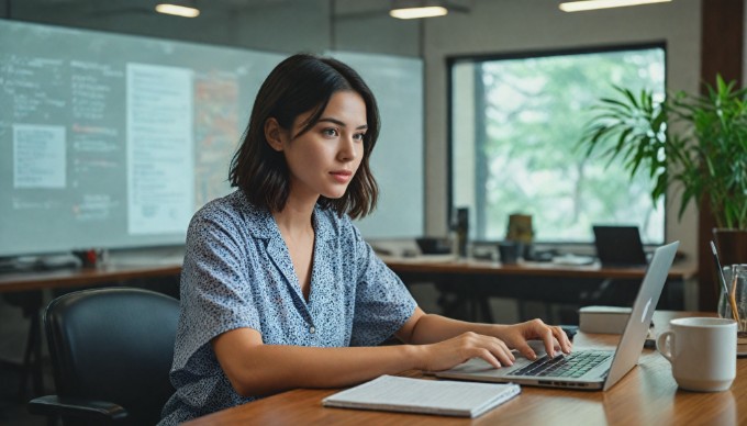 A developer analyzing Android APIs on a laptop in a modern office setting.