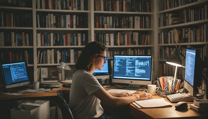 A software developer analyzing code on a computer screen with a thoughtful expression in a well-organized workspace.